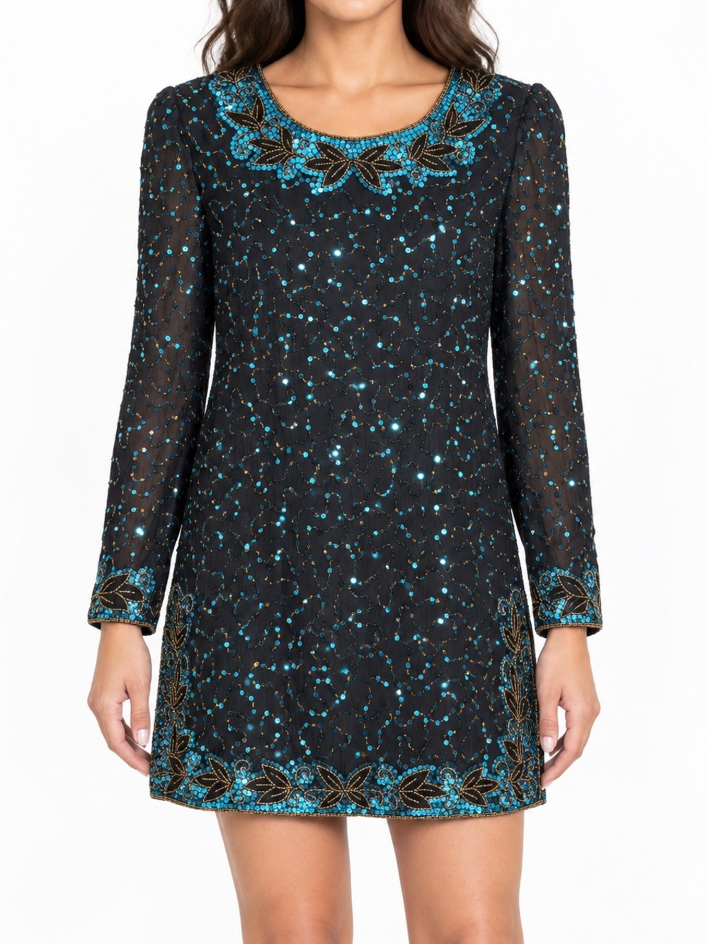 Vintage Laurence Kazar Silk Sequin Mini Dress M Black Turquoise Beaded 80s
